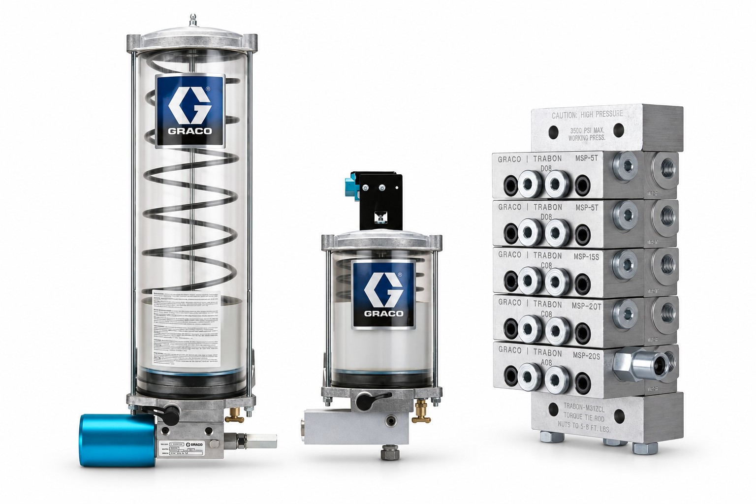 Graco industrial lubrication reservoirs and multi-port manifold assemblies